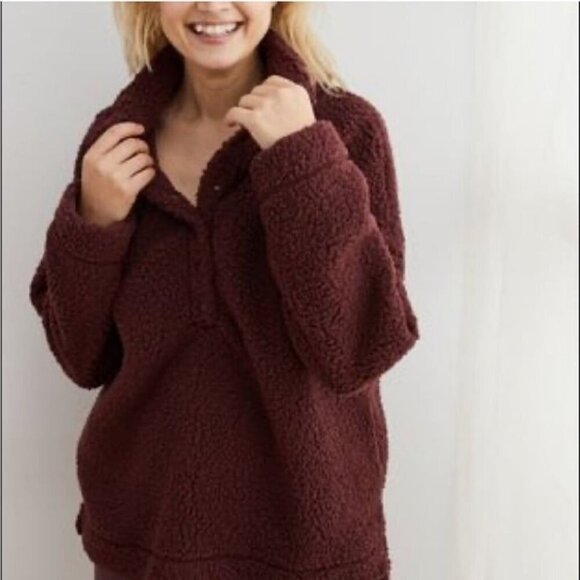 aerie Tops - Aerie Cloud Sherpa Oversized Pullover Maroon Burgundy Red Sweatshirt Size XXL